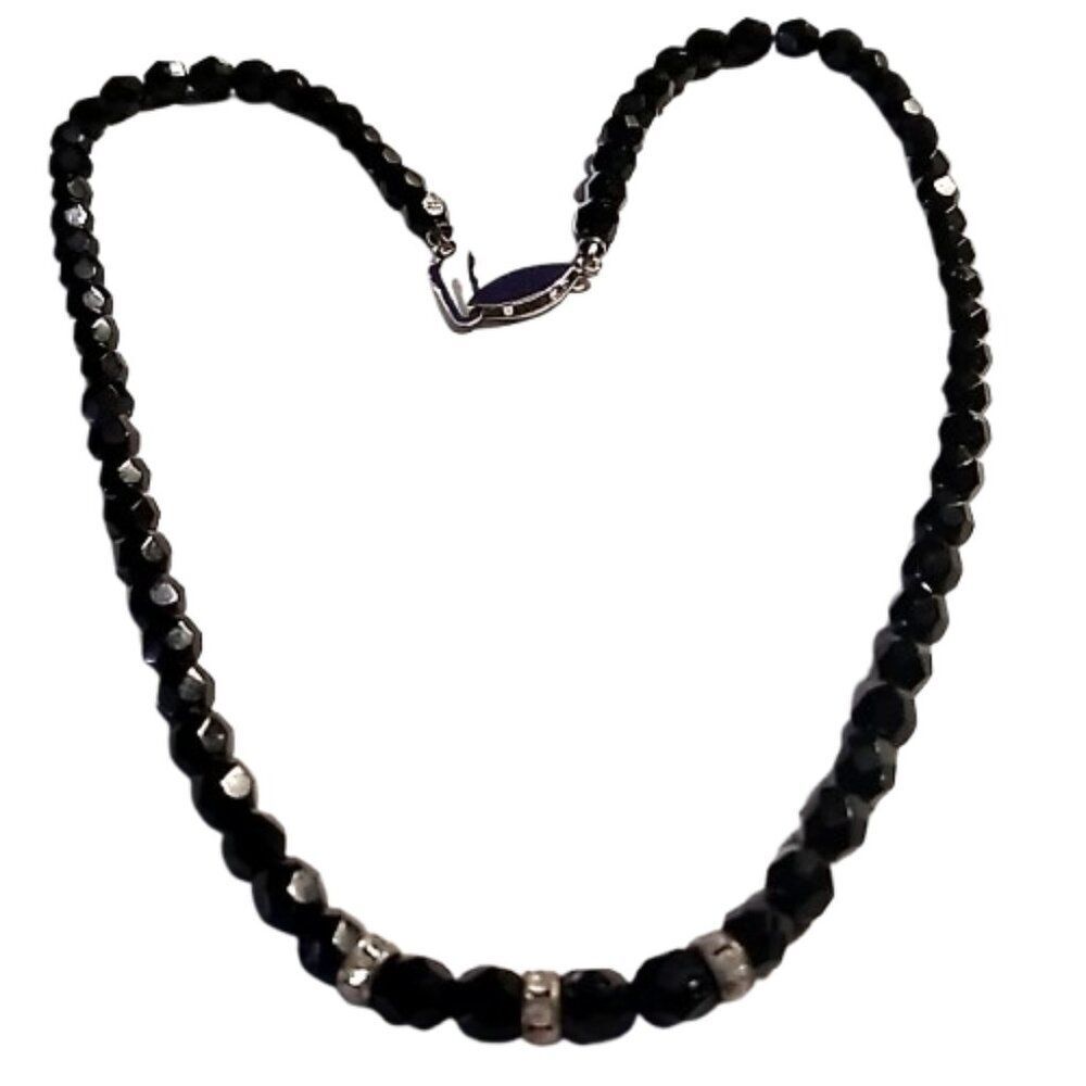 Vintage-Style Faceted Black Beaded Necklace with Rhinestone Rondelle Accents